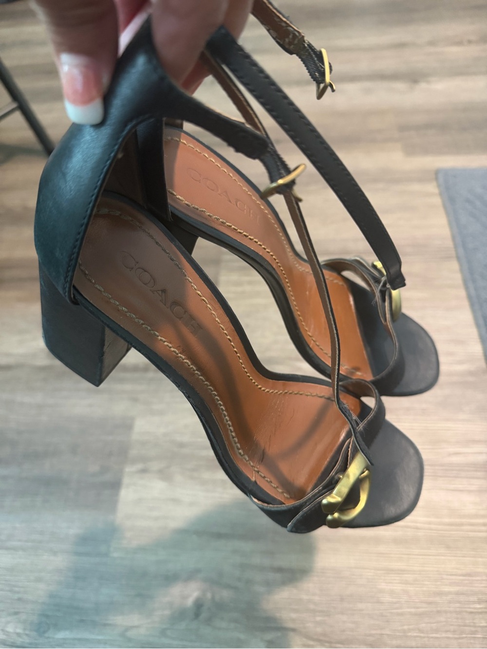 Coach Black Leather T-Strap Block Heels with Gold Buckle